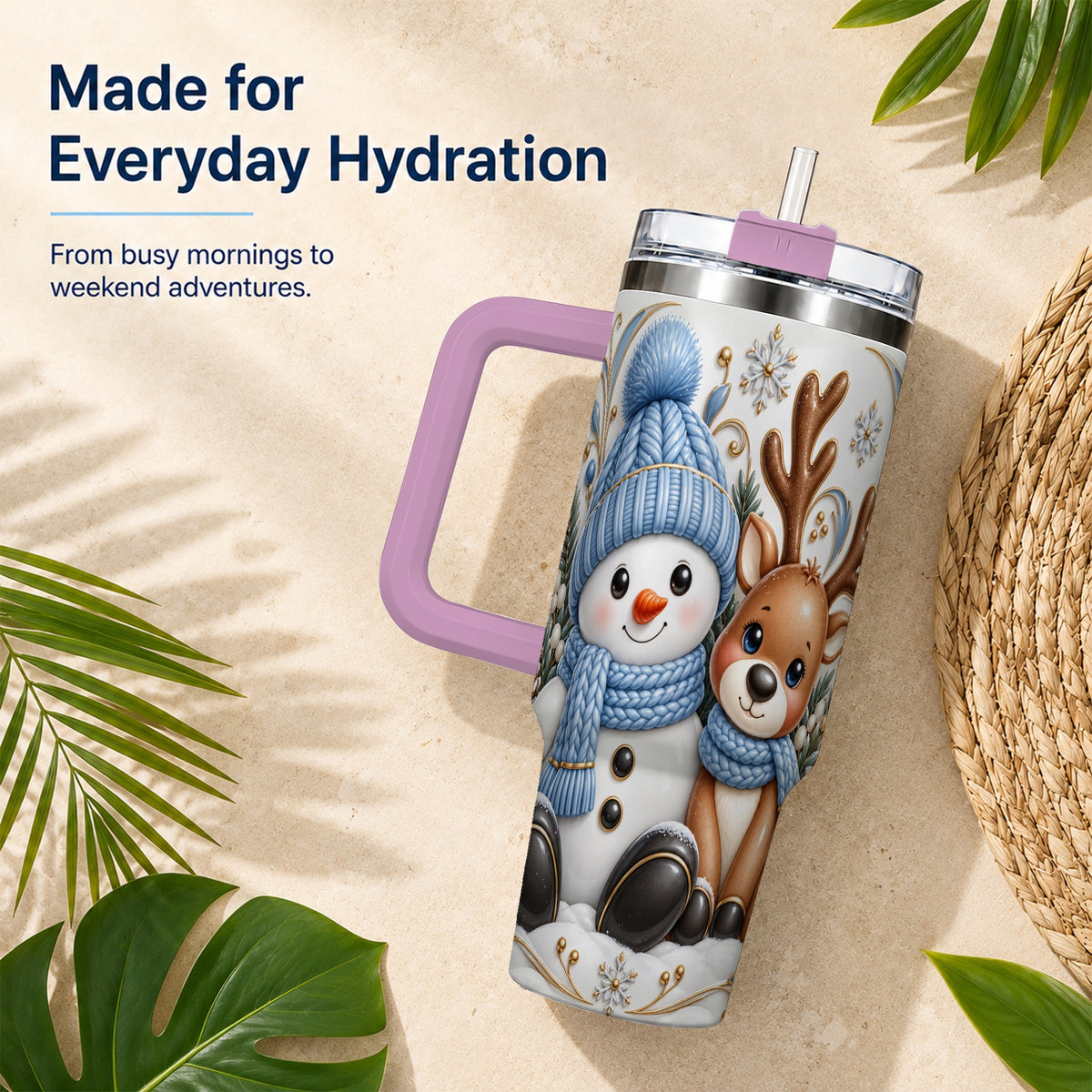 #pl[40oz|Pink] Snowman Reindeer 40oz Tumbler with Handle, Cozy Winter Travel Cup