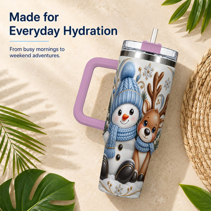 #pl[40oz|Pink] Snowman Reindeer 40oz Tumbler with Handle, Cozy Winter Travel Cup