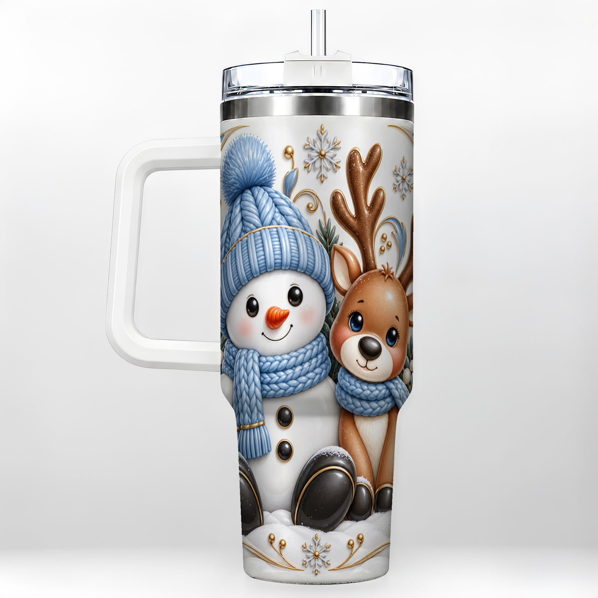 Snowman Reindeer 40oz Tumbler with Handle, Cozy Winter Travel Cup