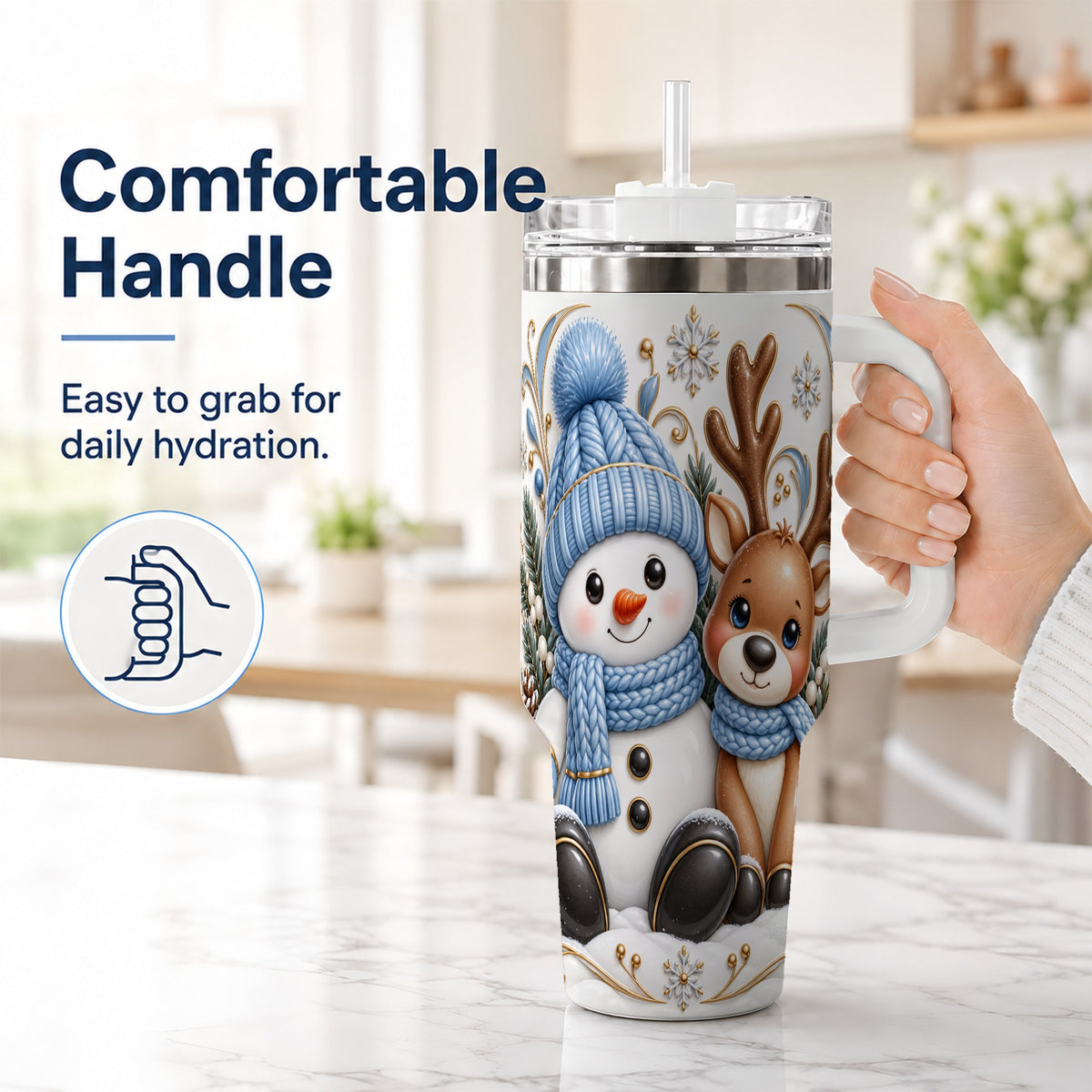 #pl[40oz|White] Snowman Reindeer 40oz Tumbler with Handle, Cozy Winter Travel Cup