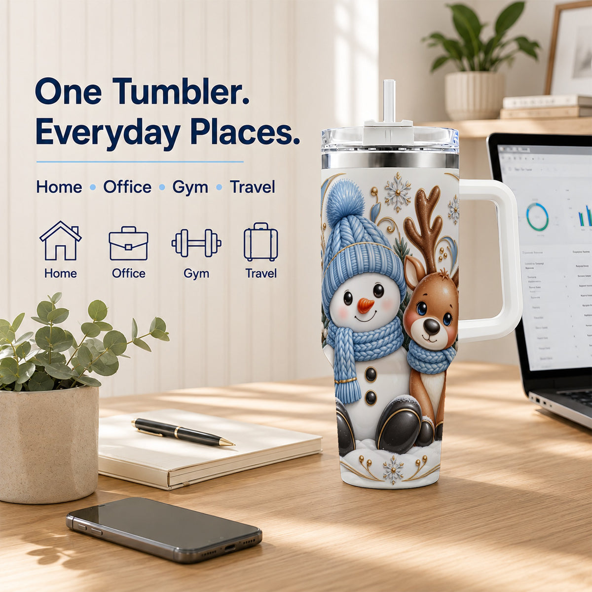 #pl[40oz|White] Snowman Reindeer 40oz Tumbler with Handle, Cozy Winter Travel Cup