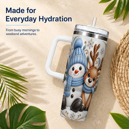 #pl[40oz|White] Snowman Reindeer 40oz Tumbler with Handle, Cozy Winter Travel Cup