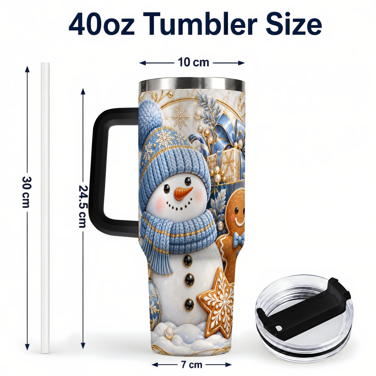 #pl[40oz|Black] Snowman Gingerbread 40oz Tumbler with Handle, Holiday Travel Cup