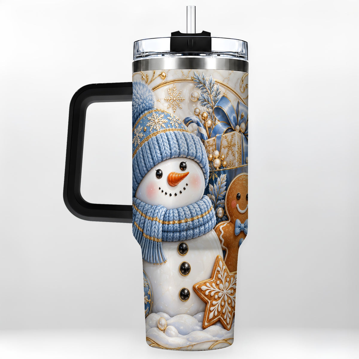#pl[40oz|Black] Snowman Gingerbread 40oz Tumbler with Handle, Holiday Travel Cup