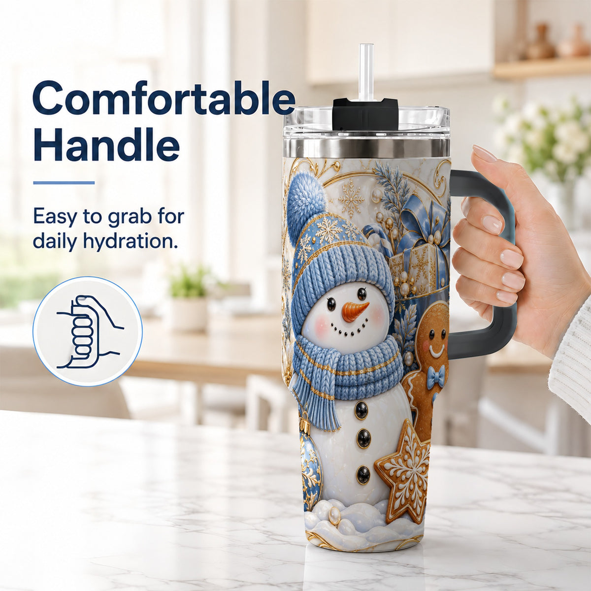 #pl[40oz|Black] Snowman Gingerbread 40oz Tumbler with Handle, Holiday Travel Cup