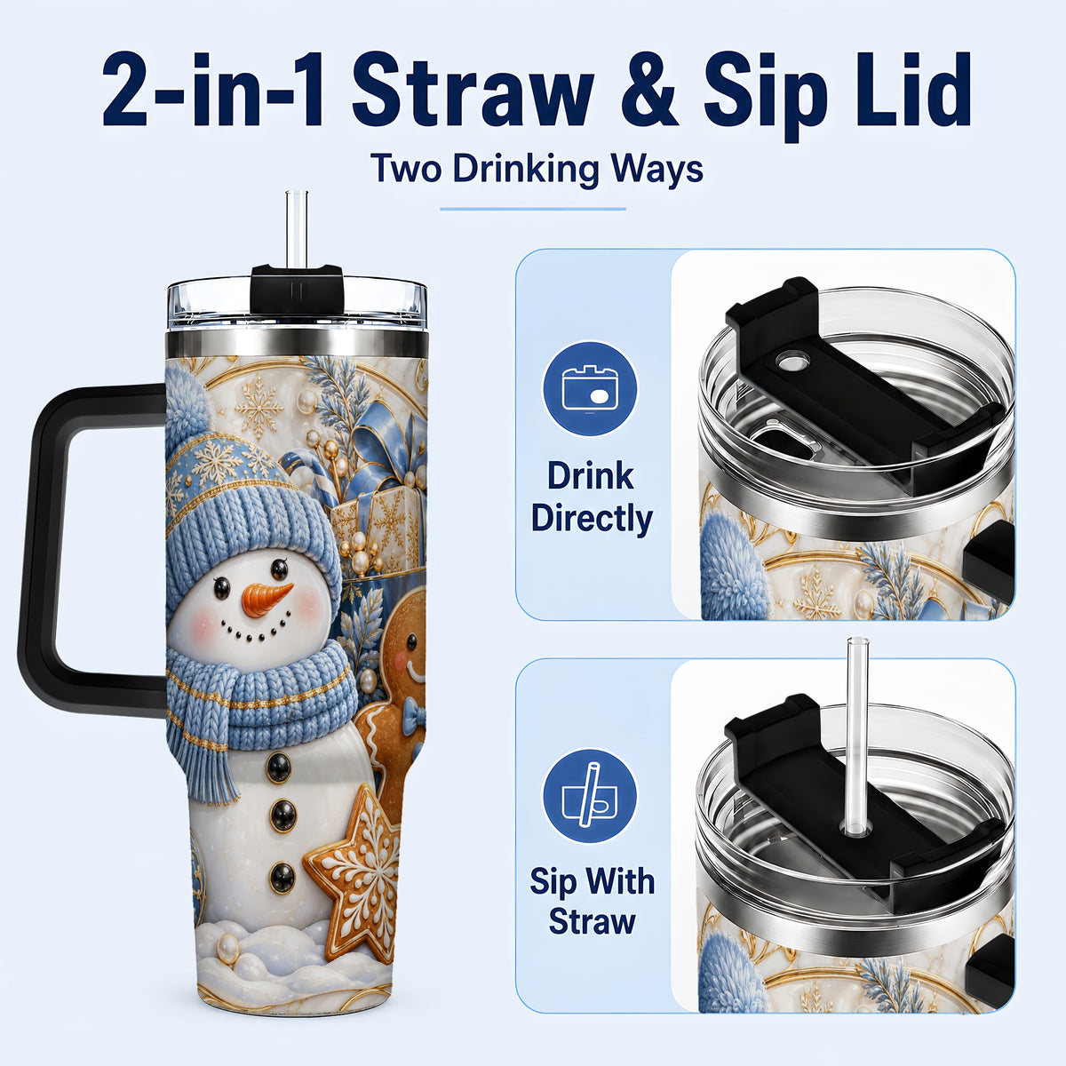 #pl[40oz|Black] Snowman Gingerbread 40oz Tumbler with Handle, Holiday Travel Cup