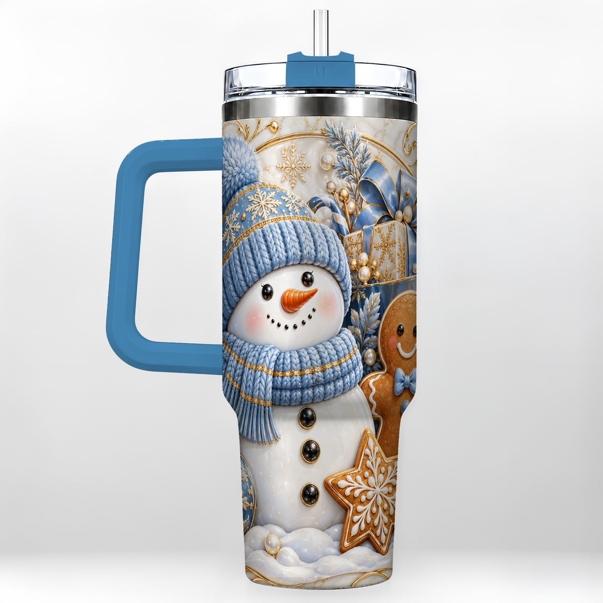 #pl[40oz|Blue] Snowman Gingerbread 40oz Tumbler with Handle, Holiday Travel Cup