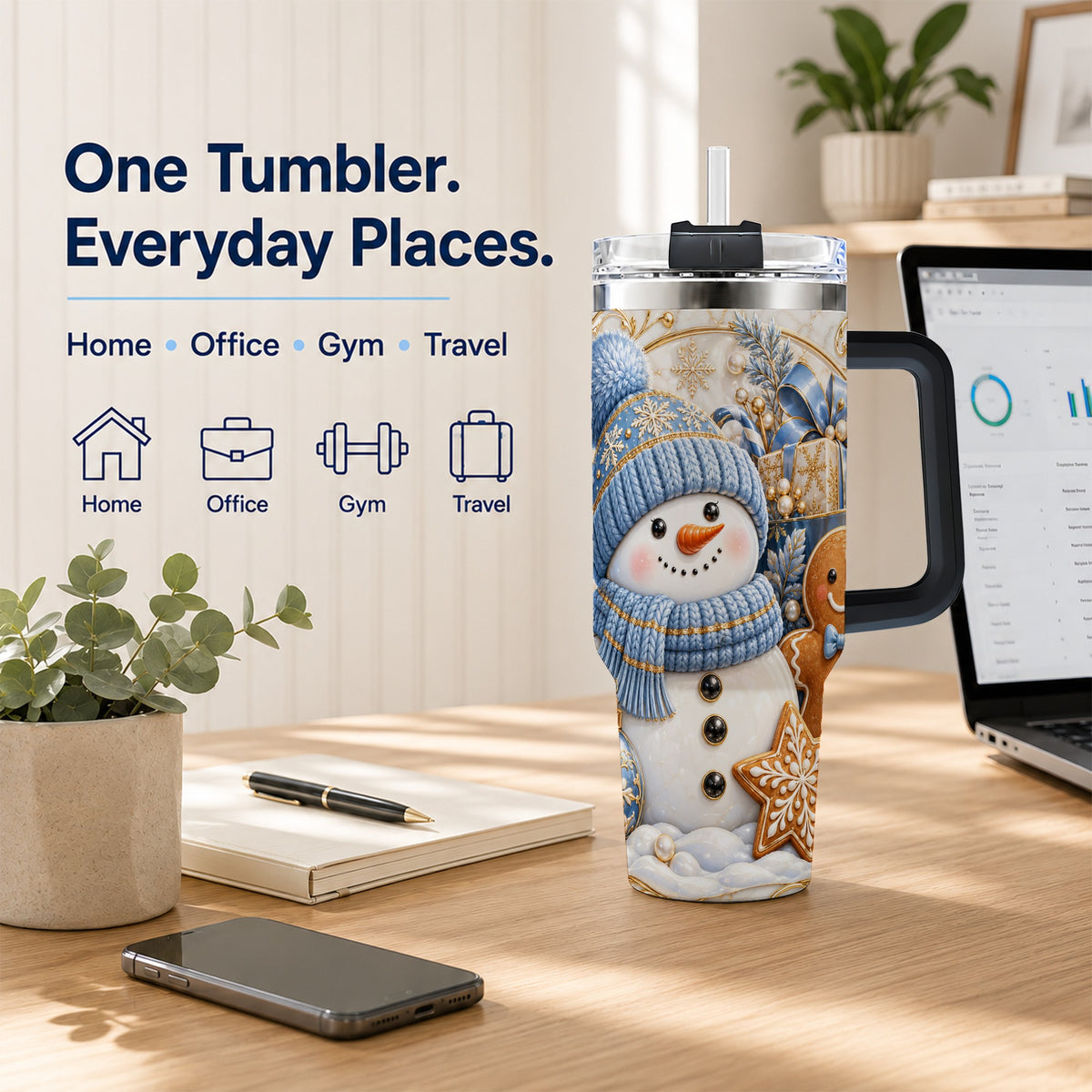 #pl[40oz|Black] Snowman Gingerbread 40oz Tumbler with Handle, Holiday Travel Cup