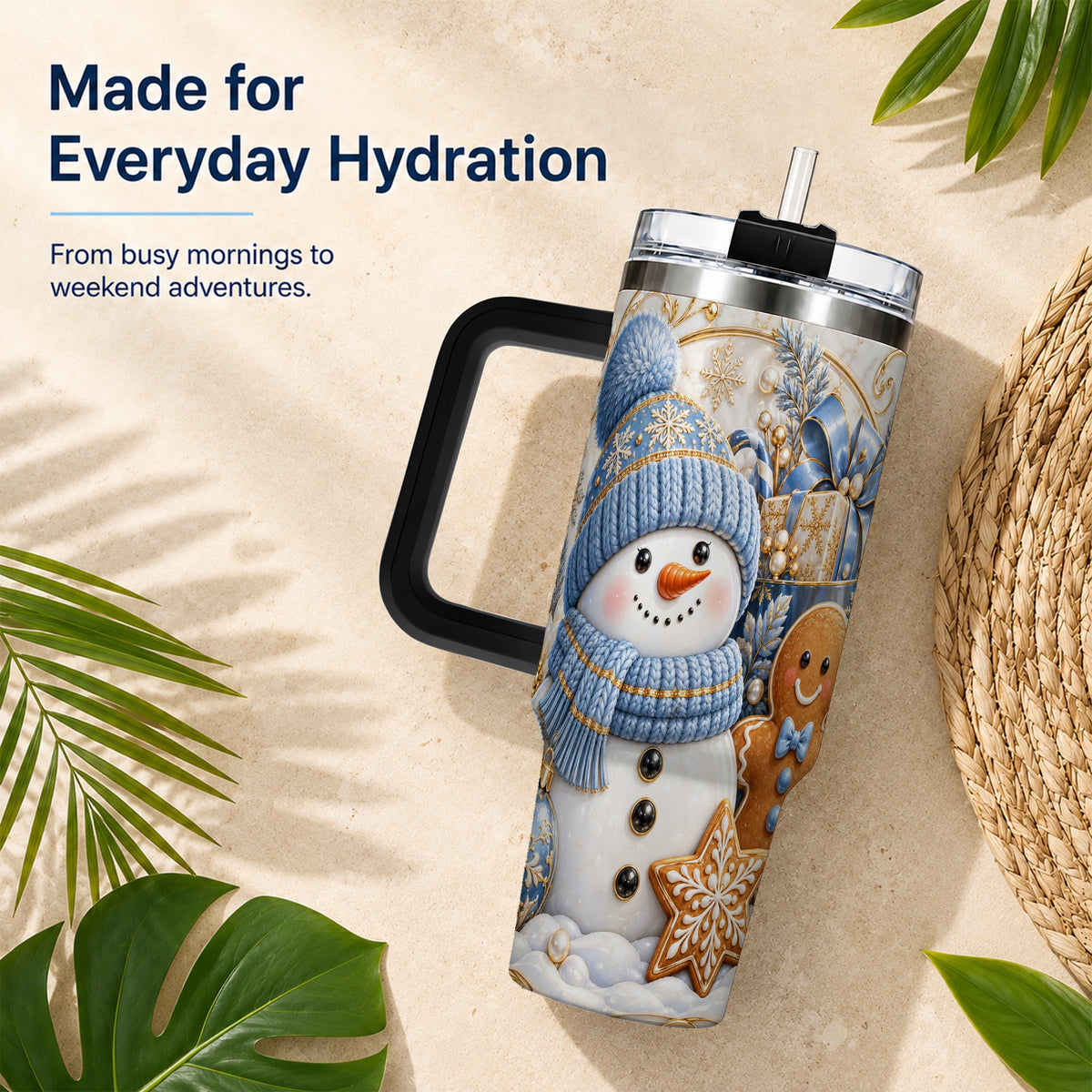 #pl[40oz|Black] Snowman Gingerbread 40oz Tumbler with Handle, Holiday Travel Cup