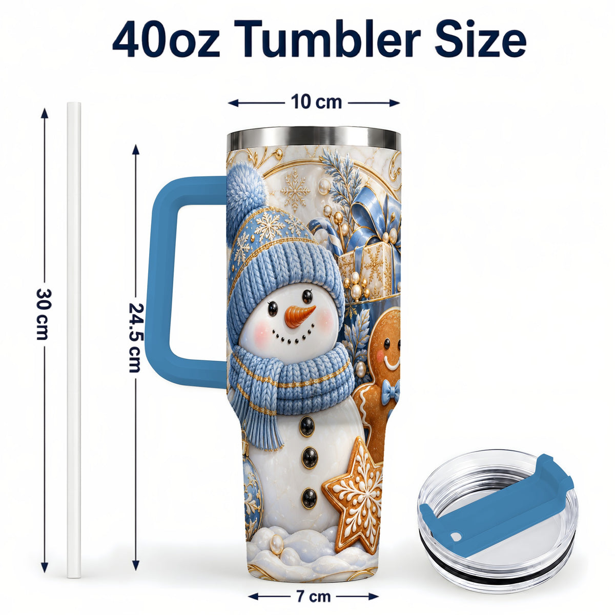#pl[40oz|Blue] Snowman Gingerbread 40oz Tumbler with Handle, Holiday Travel Cup