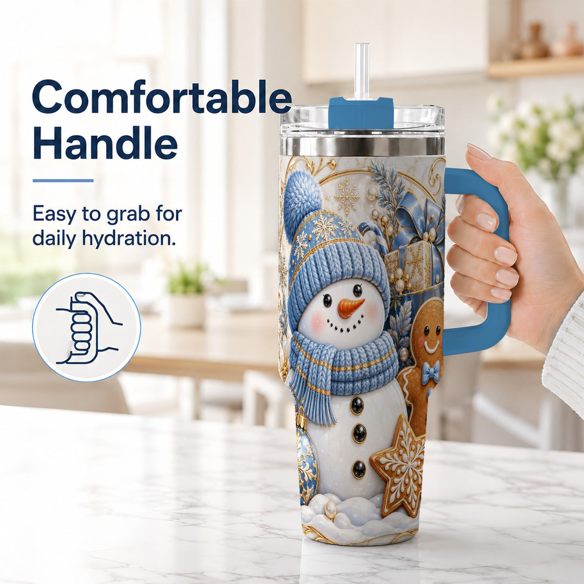 #pl[40oz|Blue] Snowman Gingerbread 40oz Tumbler with Handle, Holiday Travel Cup