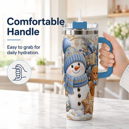 #pl[40oz|Blue] Snowman Gingerbread 40oz Tumbler with Handle, Holiday Travel Cup
