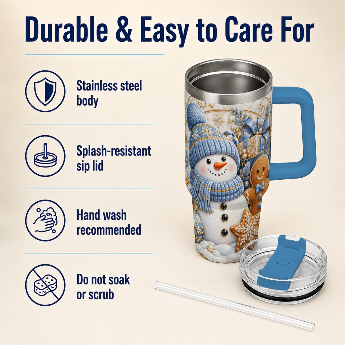 #pl[40oz|Blue] Snowman Gingerbread 40oz Tumbler with Handle, Holiday Travel Cup