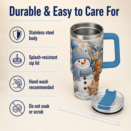 #pl[40oz|Blue] Snowman Gingerbread 40oz Tumbler with Handle, Holiday Travel Cup