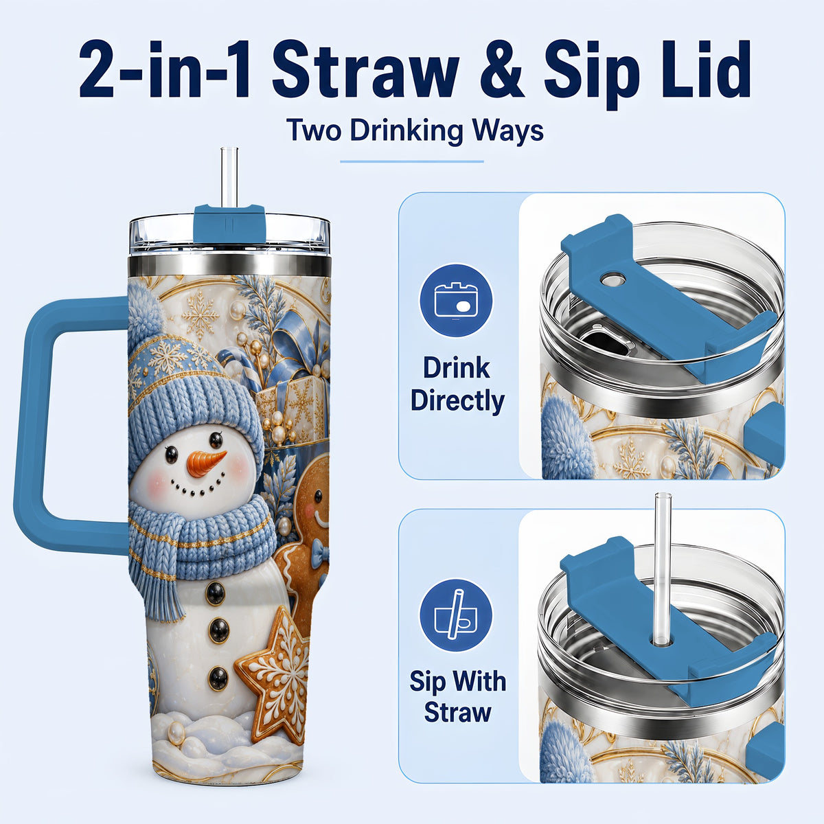 #pl[40oz|Blue] Snowman Gingerbread 40oz Tumbler with Handle, Holiday Travel Cup