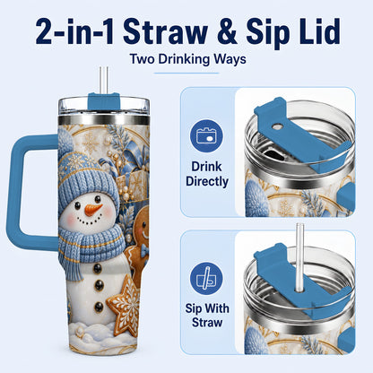 #pl[40oz|Blue] Snowman Gingerbread 40oz Tumbler with Handle, Holiday Travel Cup