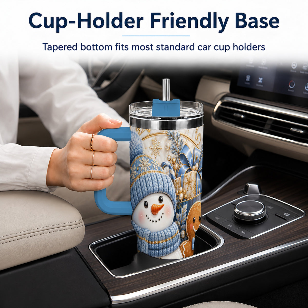 #pl[40oz|Blue] Snowman Gingerbread 40oz Tumbler with Handle, Holiday Travel Cup