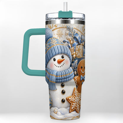 #pl[40oz|Green] Snowman Gingerbread 40oz Tumbler with Handle, Holiday Travel Cup