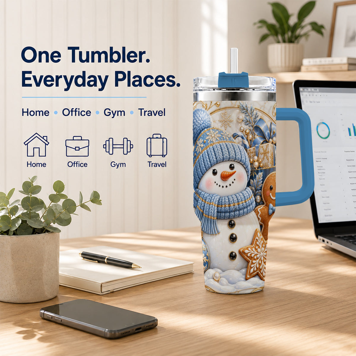 #pl[40oz|Blue] Snowman Gingerbread 40oz Tumbler with Handle, Holiday Travel Cup
