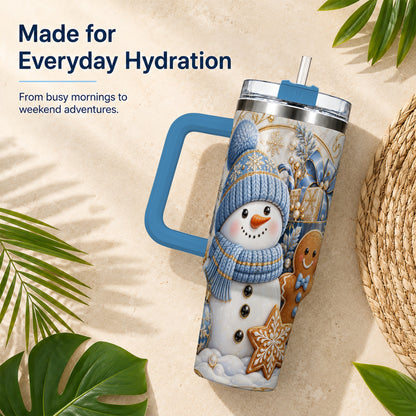 #pl[40oz|Blue] Snowman Gingerbread 40oz Tumbler with Handle, Holiday Travel Cup