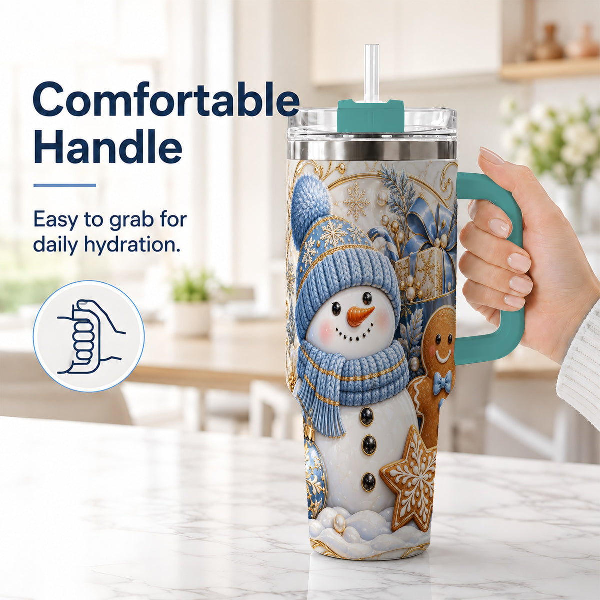 #pl[40oz|Green] Snowman Gingerbread 40oz Tumbler with Handle, Holiday Travel Cup