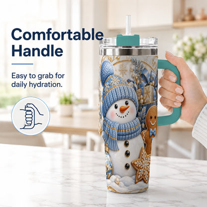 #pl[40oz|Green] Snowman Gingerbread 40oz Tumbler with Handle, Holiday Travel Cup