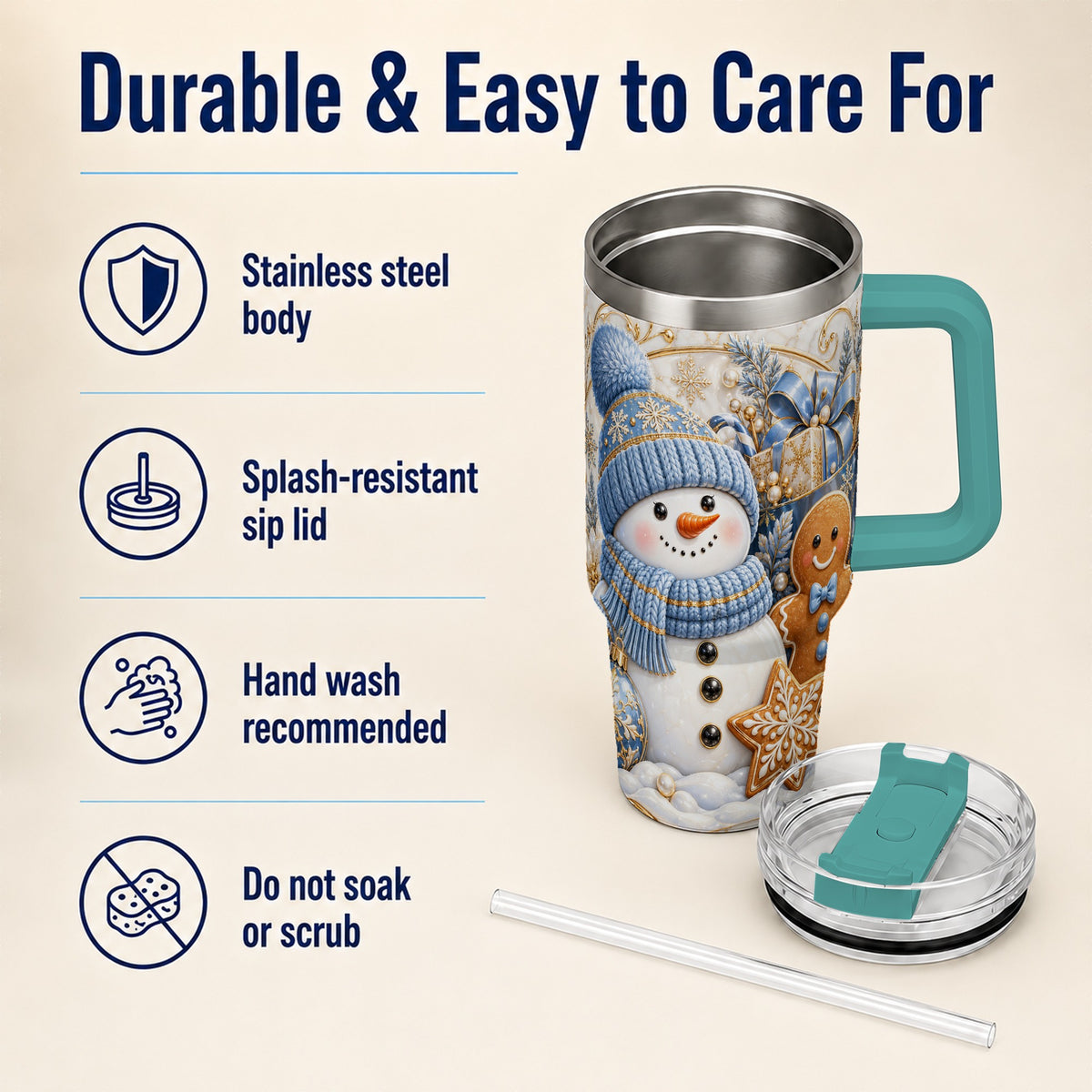 #pl[40oz|Green] Snowman Gingerbread 40oz Tumbler with Handle, Holiday Travel Cup