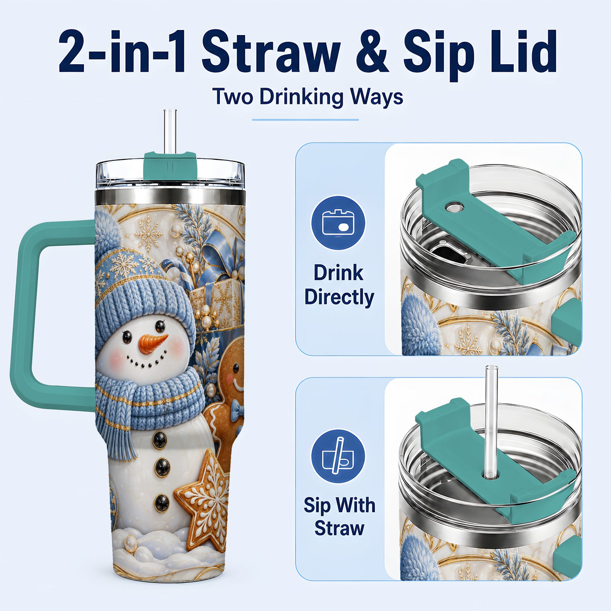 #pl[40oz|Green] Snowman Gingerbread 40oz Tumbler with Handle, Holiday Travel Cup