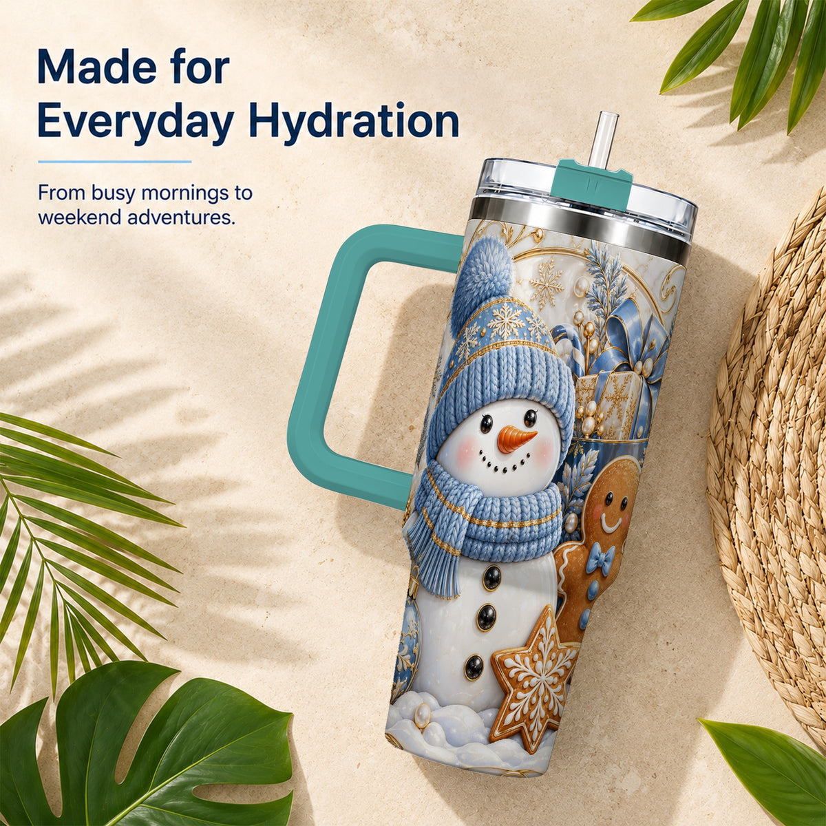 #pl[40oz|Green] Snowman Gingerbread 40oz Tumbler with Handle, Holiday Travel Cup