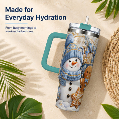 #pl[40oz|Green] Snowman Gingerbread 40oz Tumbler with Handle, Holiday Travel Cup
