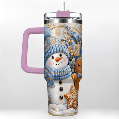 #pl[40oz|Pink] Snowman Gingerbread 40oz Tumbler with Handle, Holiday Travel Cup