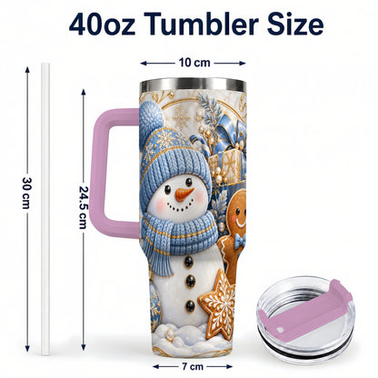 #pl[40oz|Pink] Snowman Gingerbread 40oz Tumbler with Handle, Holiday Travel Cup