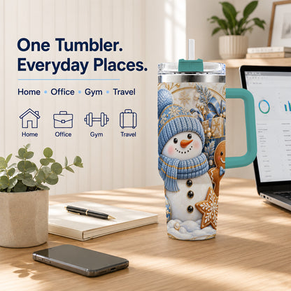 #pl[40oz|Green] Snowman Gingerbread 40oz Tumbler with Handle, Holiday Travel Cup