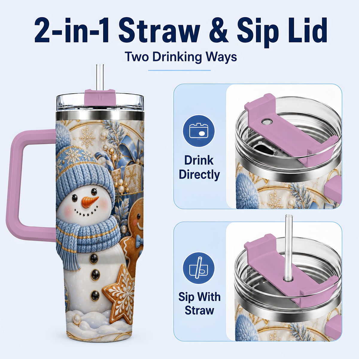 #pl[40oz|Pink] Snowman Gingerbread 40oz Tumbler with Handle, Holiday Travel Cup