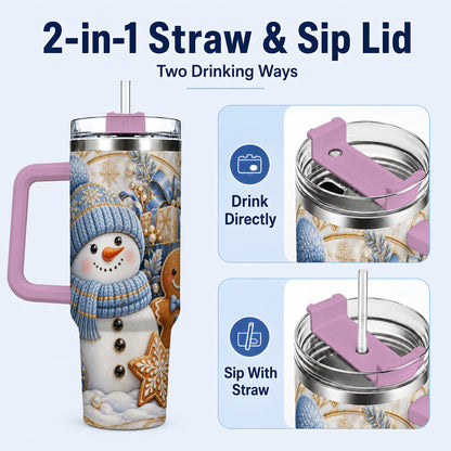 #pl[40oz|Pink] Snowman Gingerbread 40oz Tumbler with Handle, Holiday Travel Cup