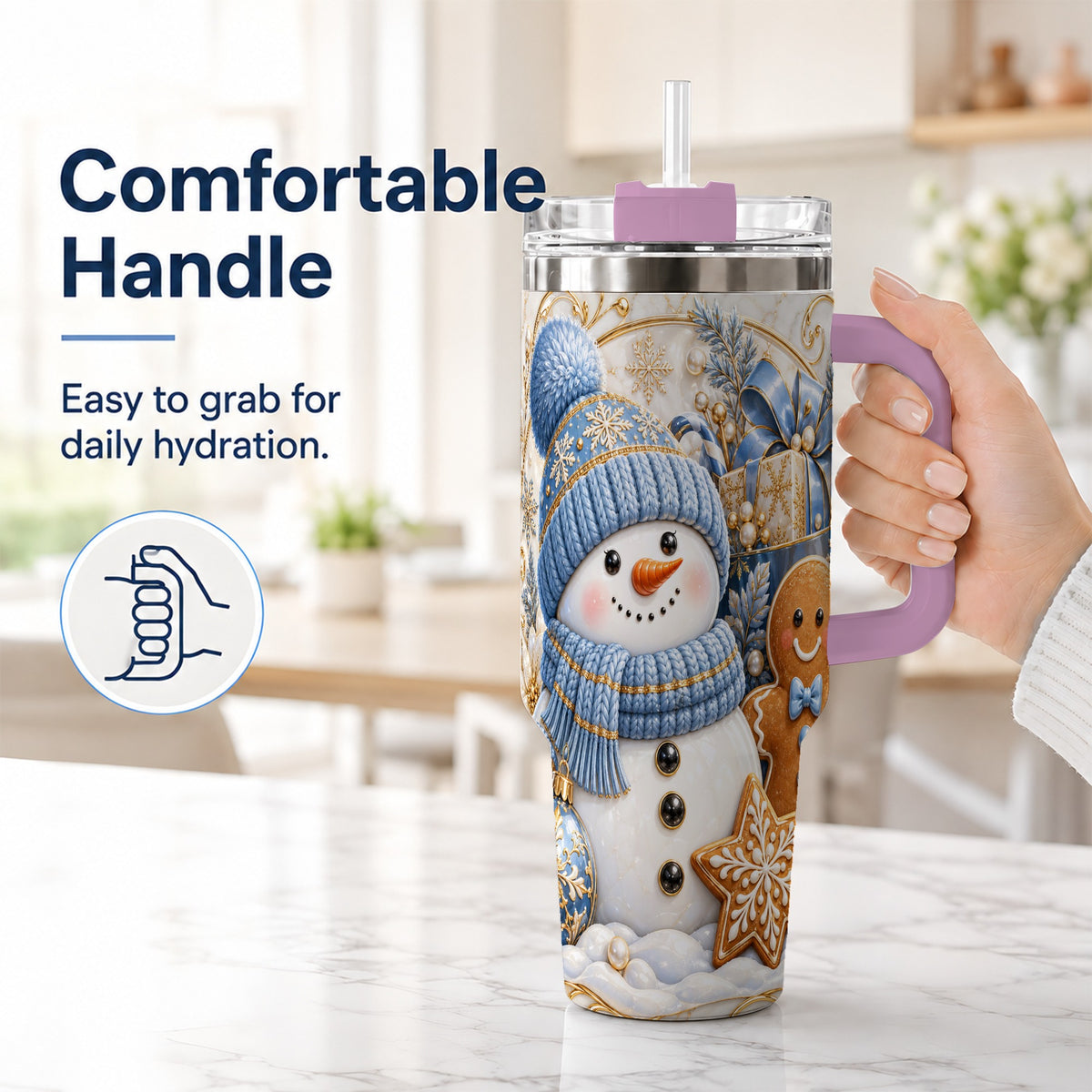 #pl[40oz|Pink] Snowman Gingerbread 40oz Tumbler with Handle, Holiday Travel Cup