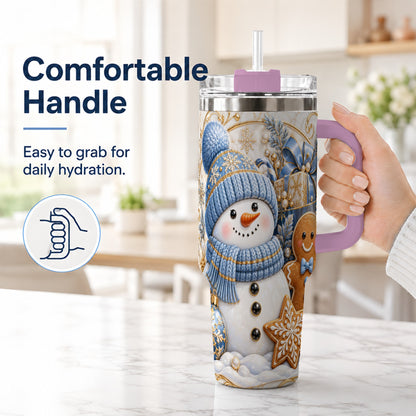 #pl[40oz|Pink] Snowman Gingerbread 40oz Tumbler with Handle, Holiday Travel Cup