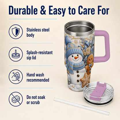 #pl[40oz|Pink] Snowman Gingerbread 40oz Tumbler with Handle, Holiday Travel Cup