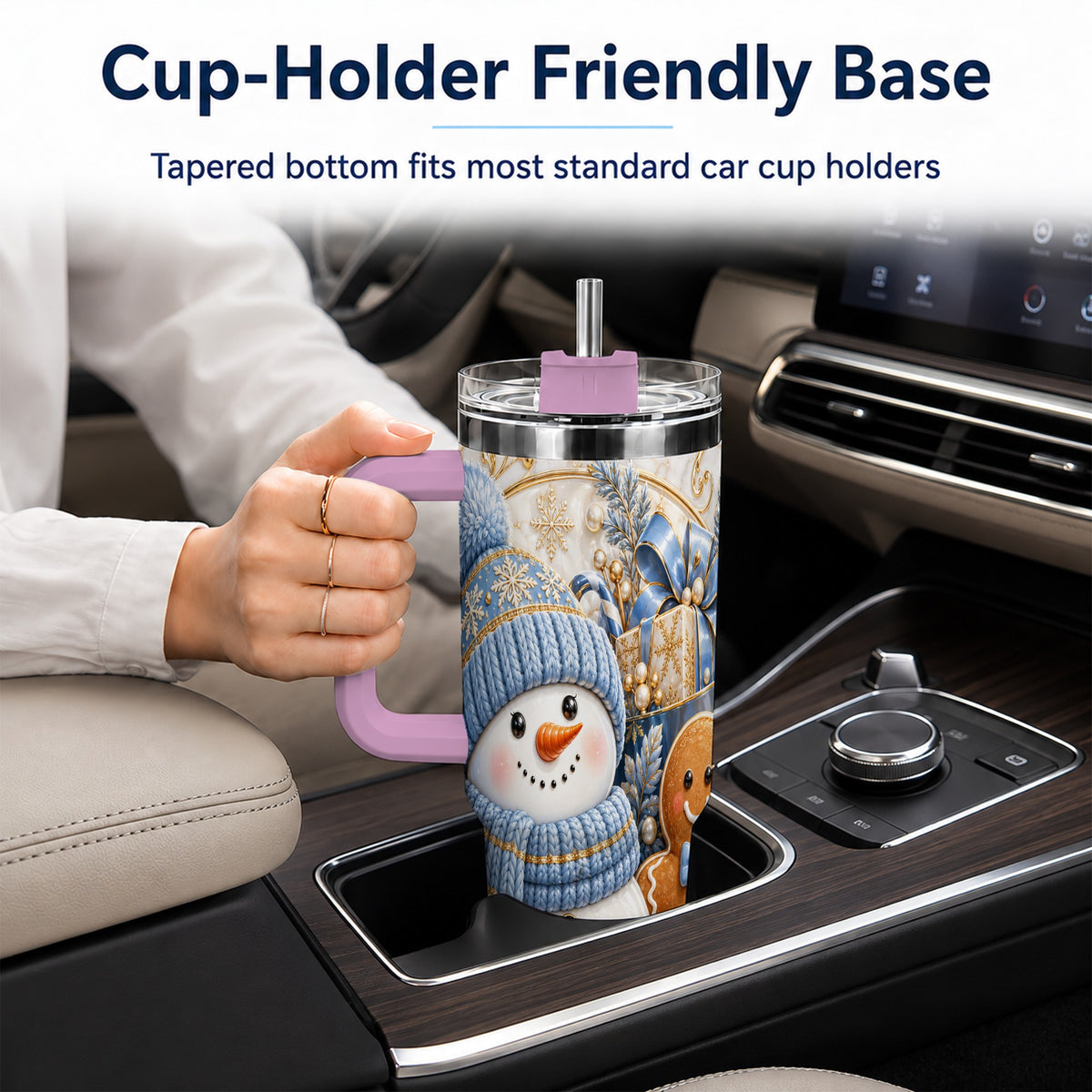 #pl[40oz|Pink] Snowman Gingerbread 40oz Tumbler with Handle, Holiday Travel Cup
