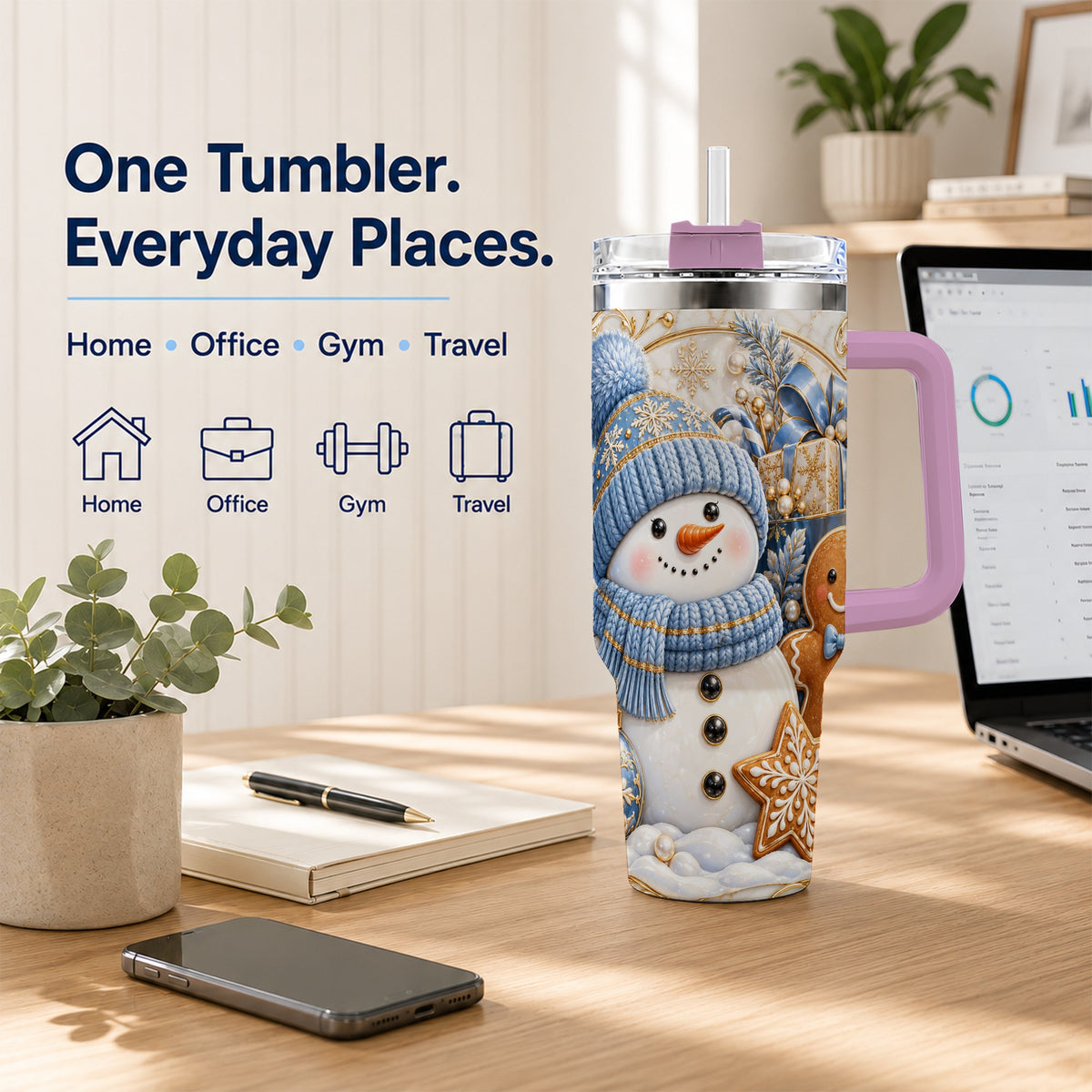 #pl[40oz|Pink] Snowman Gingerbread 40oz Tumbler with Handle, Holiday Travel Cup