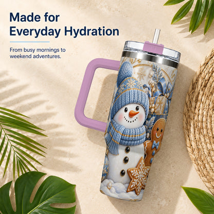 #pl[40oz|Pink] Snowman Gingerbread 40oz Tumbler with Handle, Holiday Travel Cup