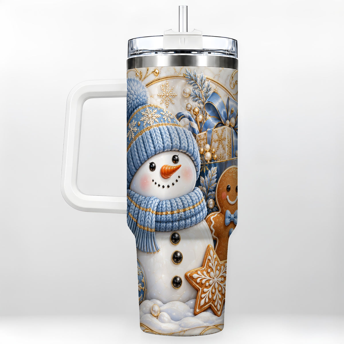 Snowman Gingerbread 40oz Tumbler with Handle, Holiday Travel Cup
