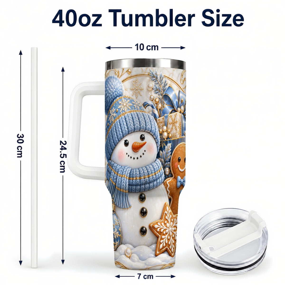 #pl[40oz|White] Snowman Gingerbread 40oz Tumbler with Handle, Holiday Travel Cup