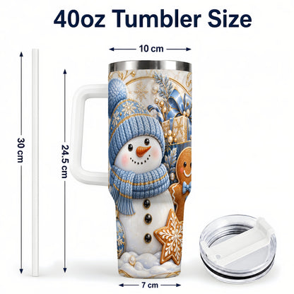 #pl[40oz|White] Snowman Gingerbread 40oz Tumbler with Handle, Holiday Travel Cup