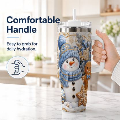 #pl[40oz|White] Snowman Gingerbread 40oz Tumbler with Handle, Holiday Travel Cup