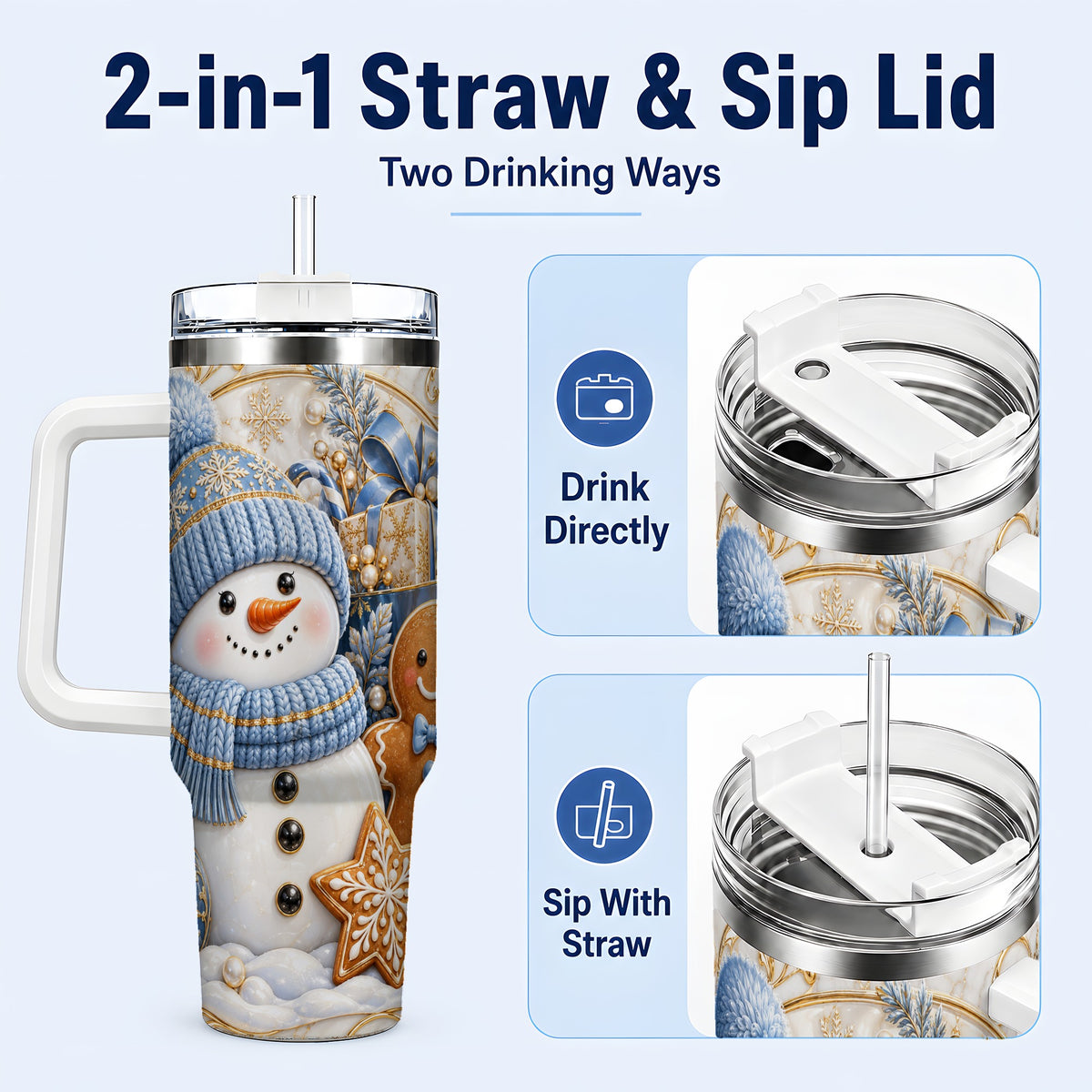 #pl[40oz|White] Snowman Gingerbread 40oz Tumbler with Handle, Holiday Travel Cup