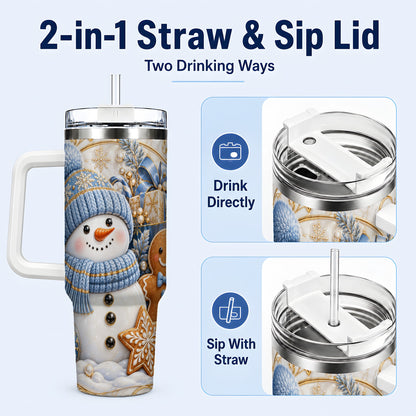 #pl[40oz|White] Snowman Gingerbread 40oz Tumbler with Handle, Holiday Travel Cup