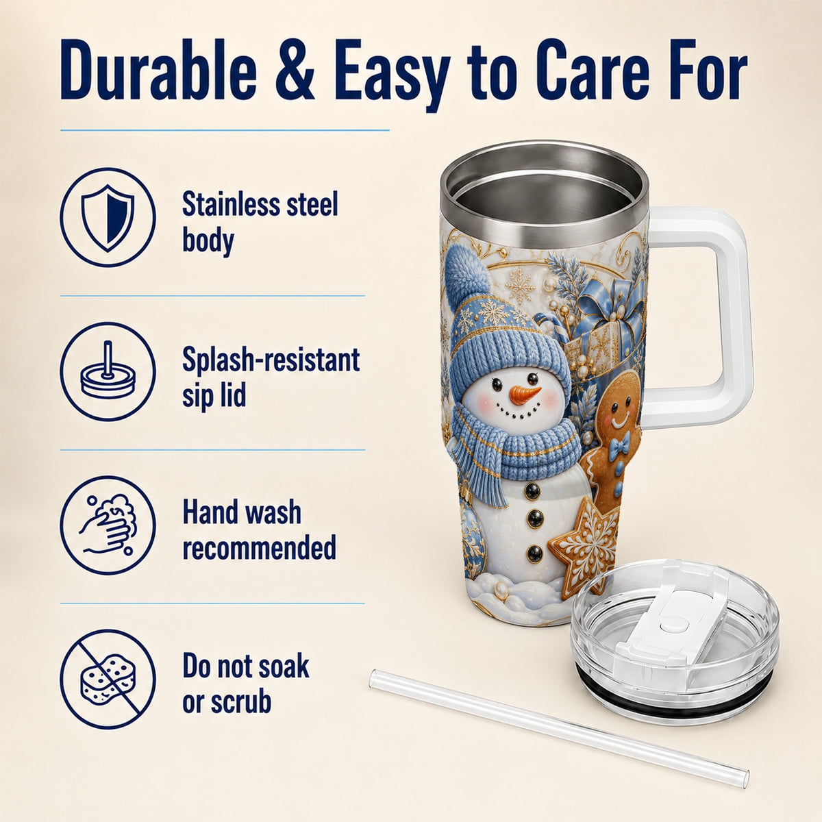 #pl[40oz|White] Snowman Gingerbread 40oz Tumbler with Handle, Holiday Travel Cup
