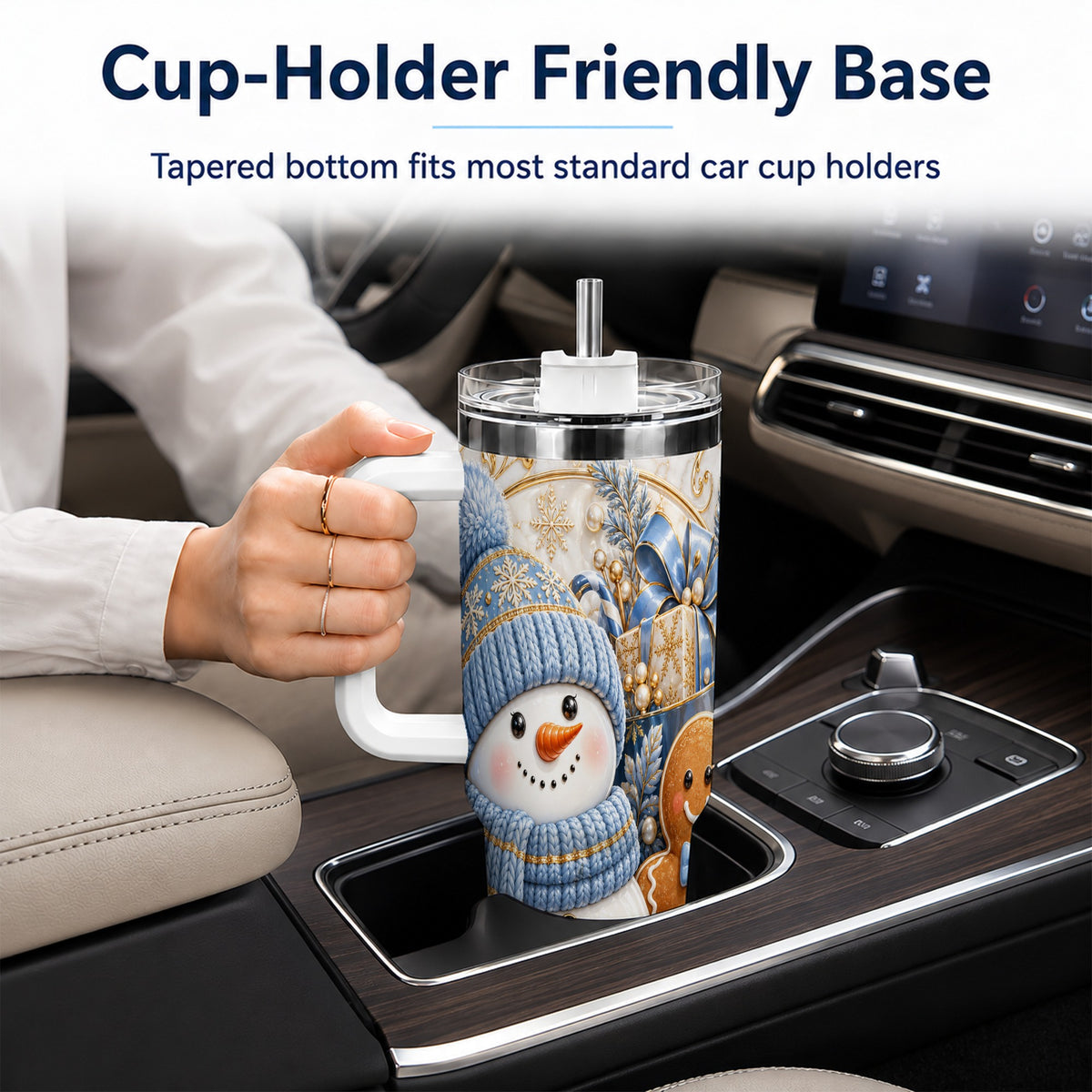 #pl[40oz|White] Snowman Gingerbread 40oz Tumbler with Handle, Holiday Travel Cup