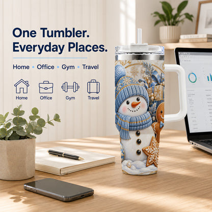 #pl[40oz|White] Snowman Gingerbread 40oz Tumbler with Handle, Holiday Travel Cup